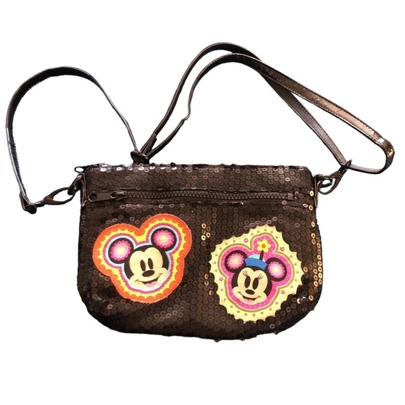 Disney Parks Sequin Crossbody Minnie Mickey Handbag Black Zip Pockets 9X6.5 - Picture 1 of 6